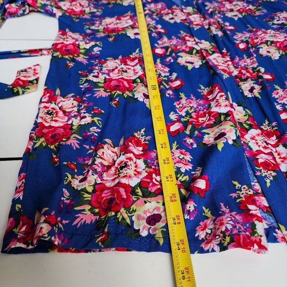 Women's Blue Pink Floral Rayon Cotton Mini Robe Kinomo One Size OS - Picture 11 of 12